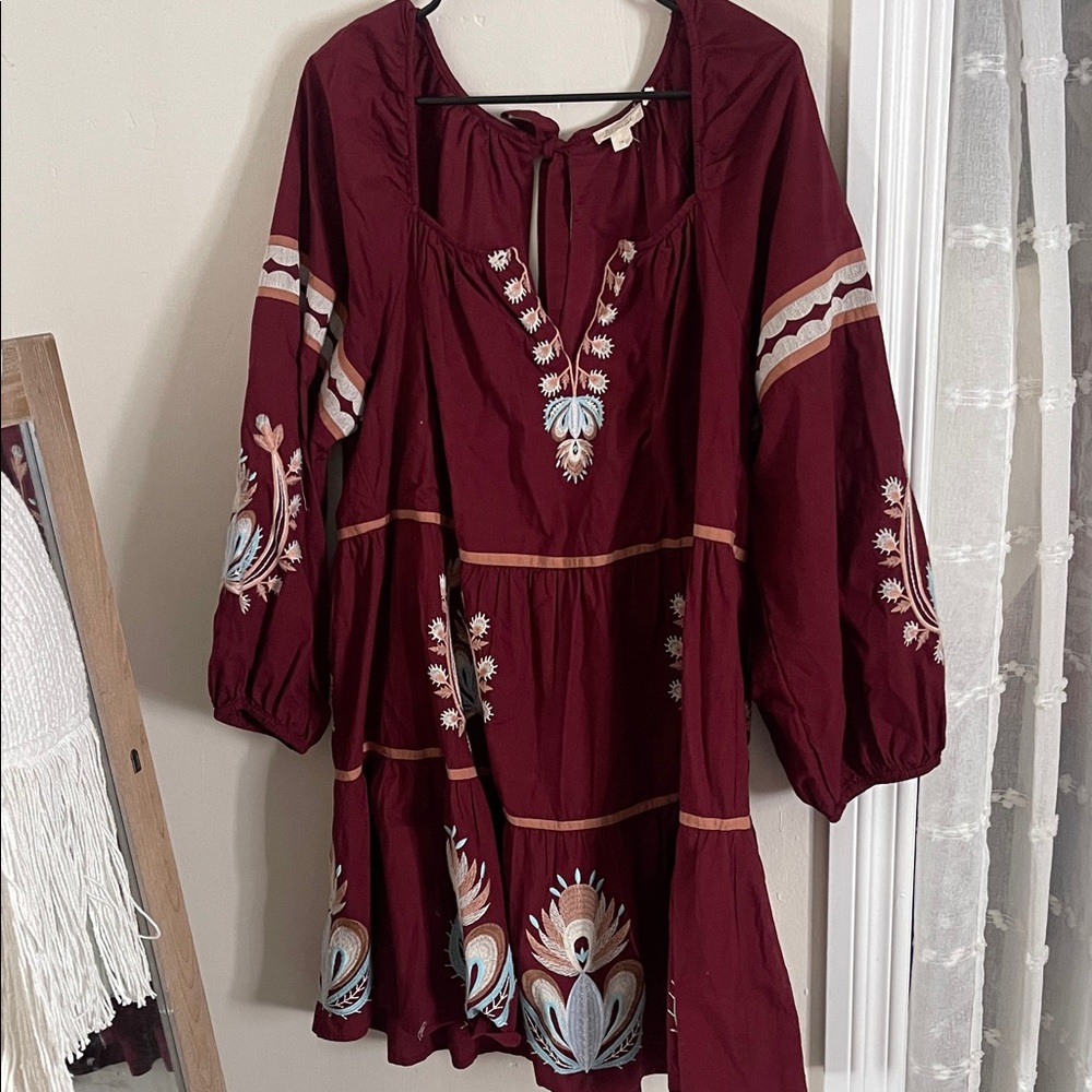 Anthropologie Burgundy Embroidered Long Sleeve Dress